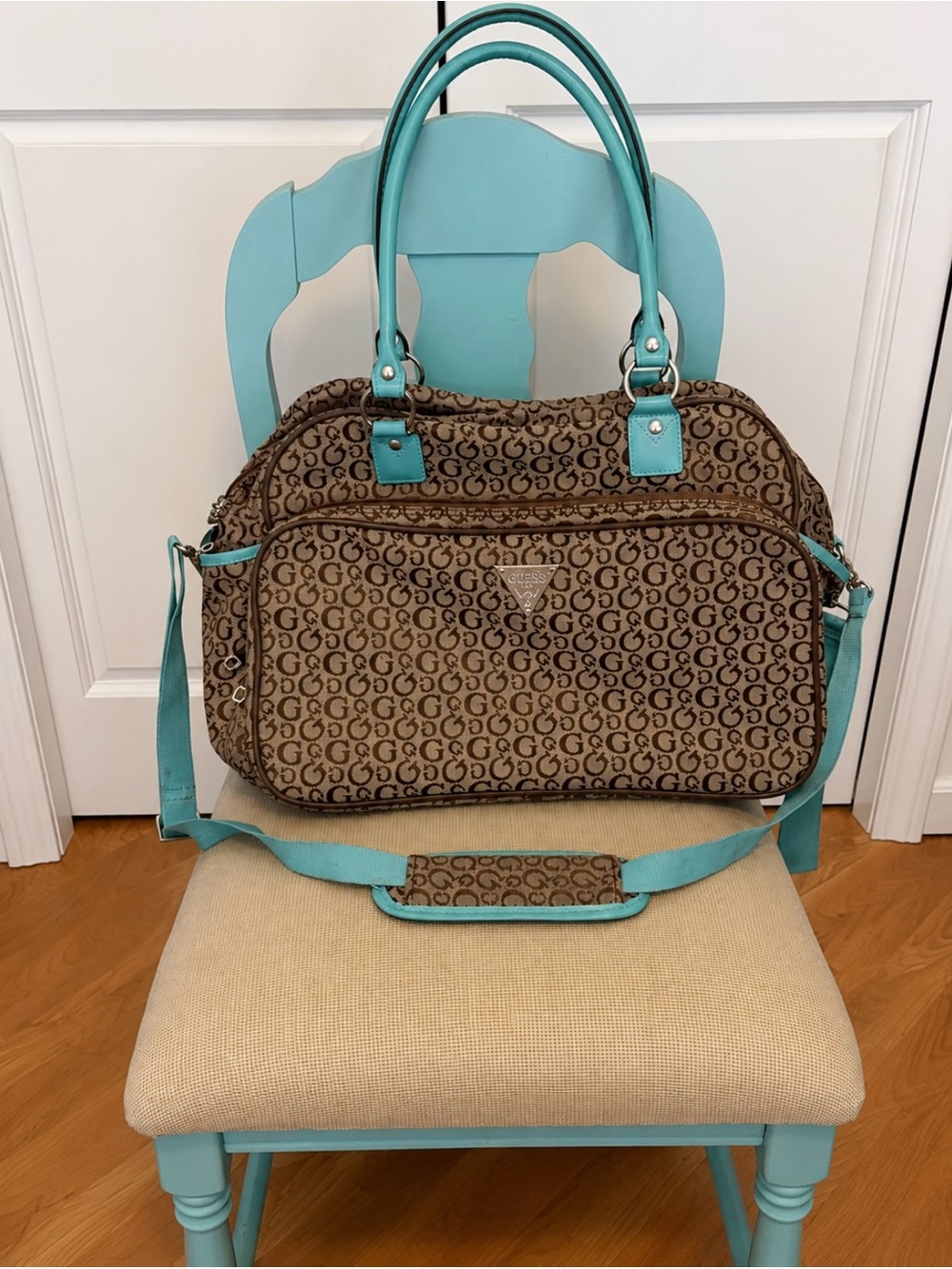 Vintage Guess Brown & Beige with Teal Accent Monogram Shoulder Travel Bag